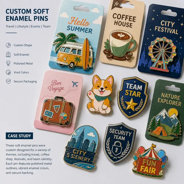 Colorful soft enamel and polished enamel pin examples