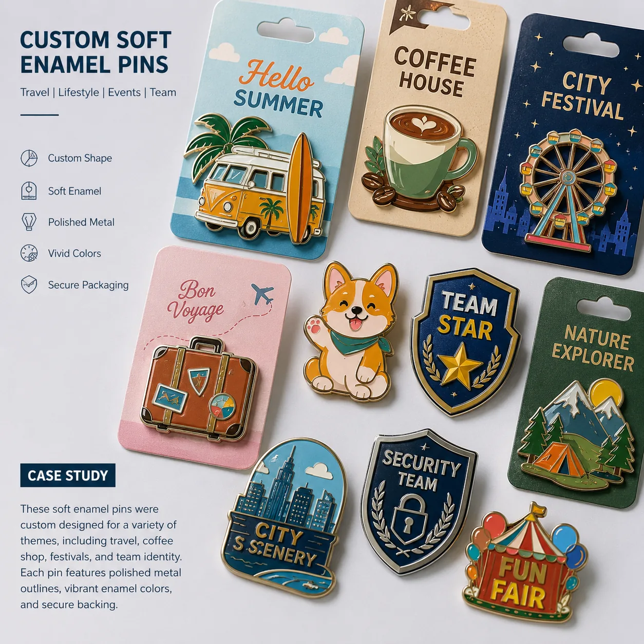 Custom metal pins and soft enamel lapel pins with backing cards