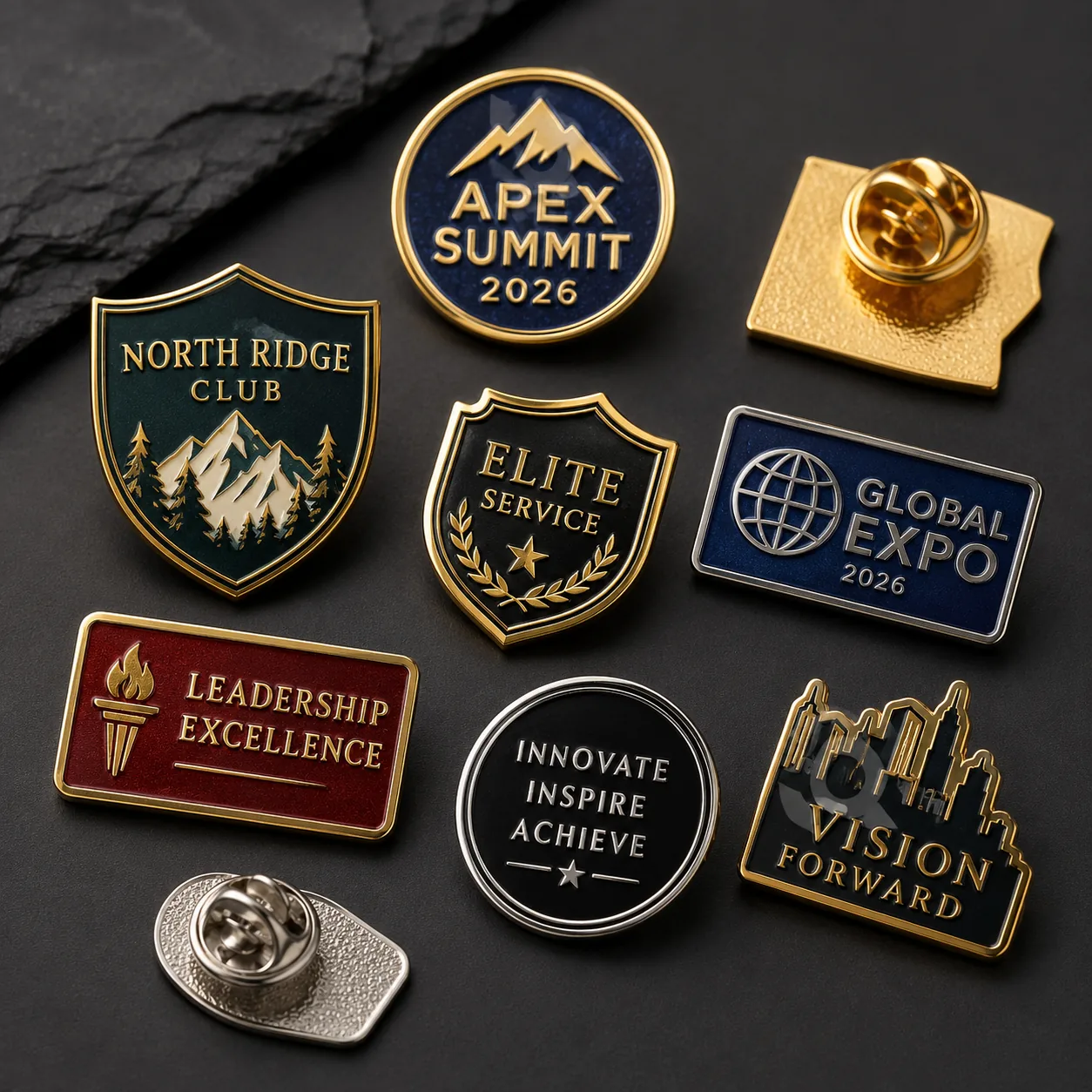 Custom metal badges with enamel colors and clutch backings