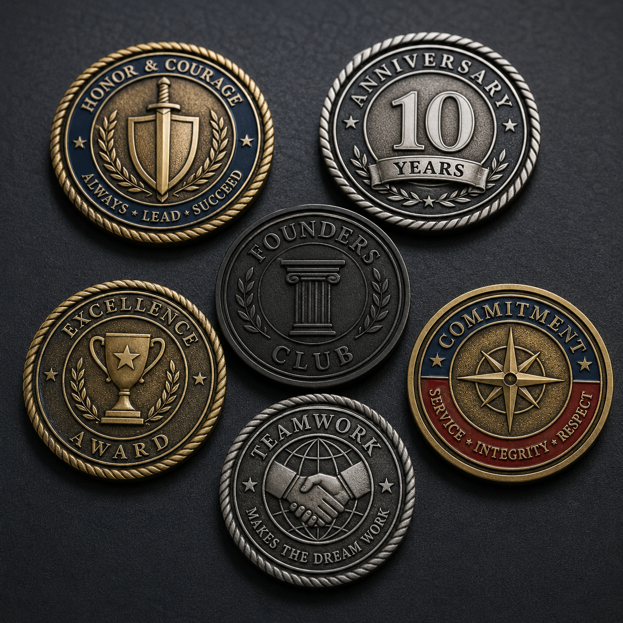 Antique custom metal coins and commemorative medallions with raised relief