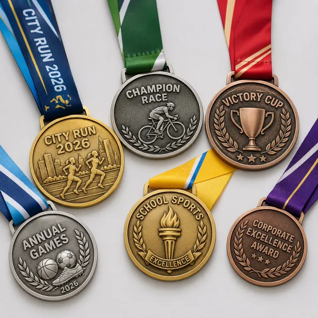 Custom sports medals and race medals with ribbons in gold silver and bronze finishes