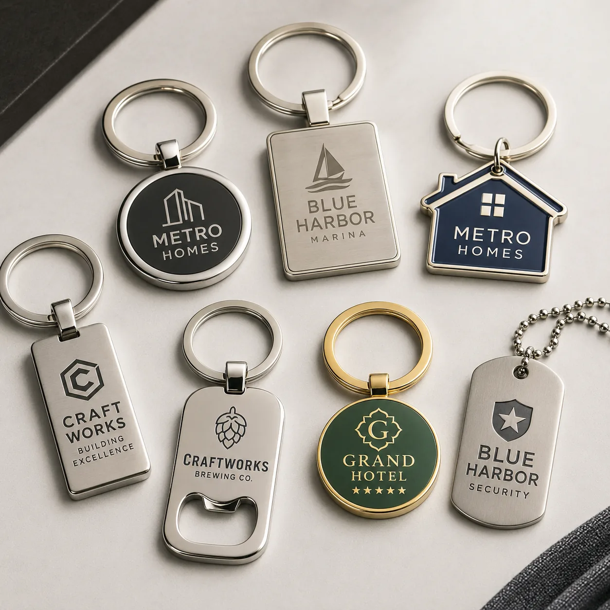 Custom metal keychains and engraved metal tags for hotels and real estate brands
