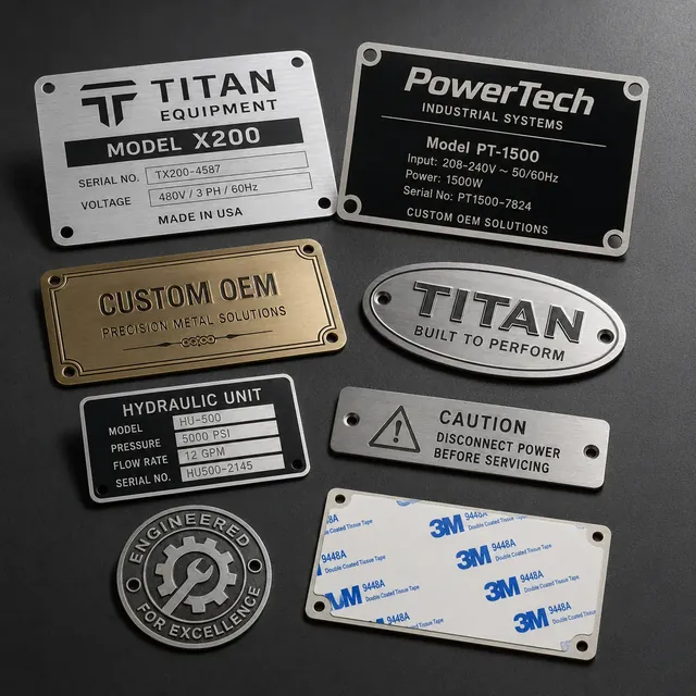 Custom industrial nameplates and engraved metal tags with screw holes