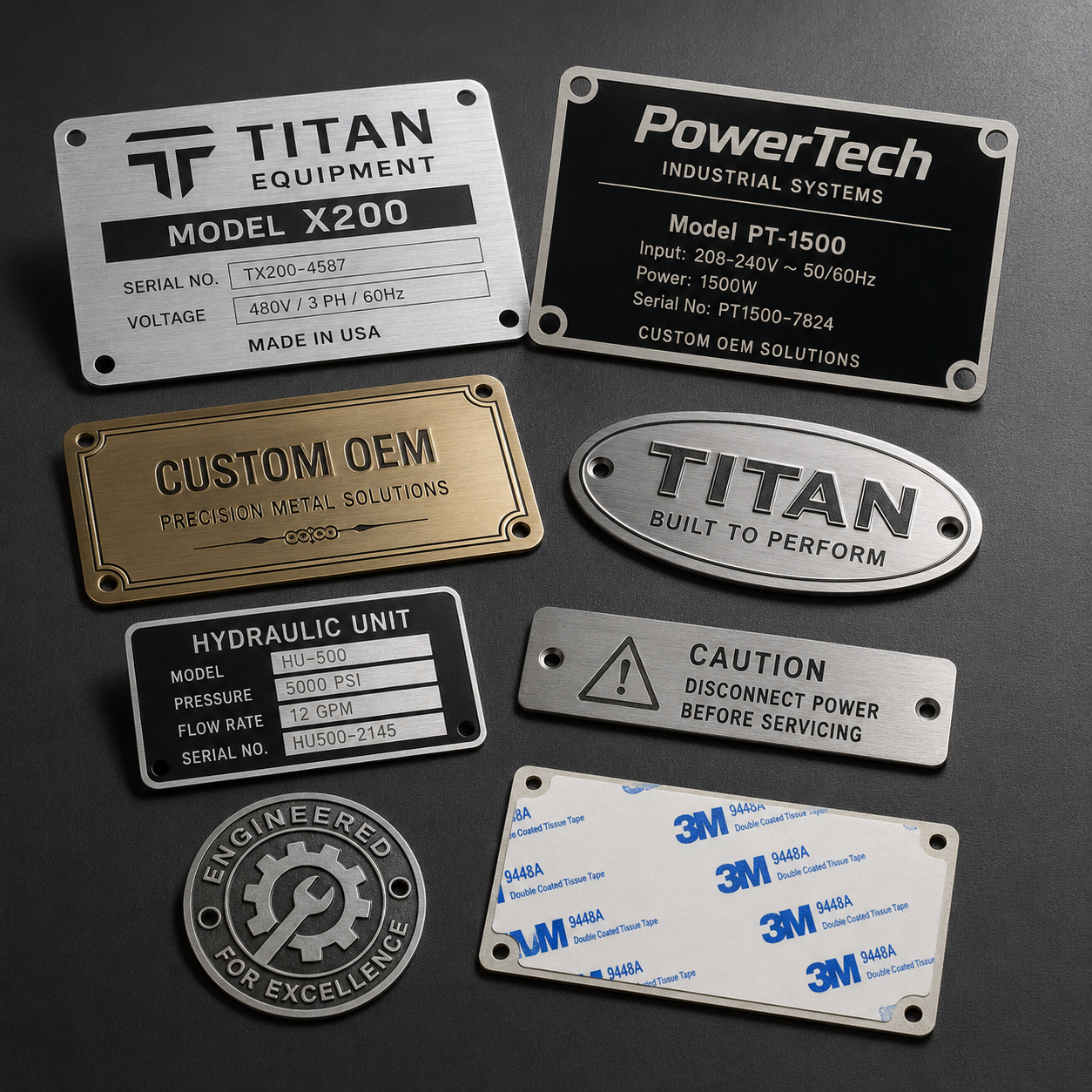 Industrial engraved metal name plates and equipment tags in stainless steel and brass