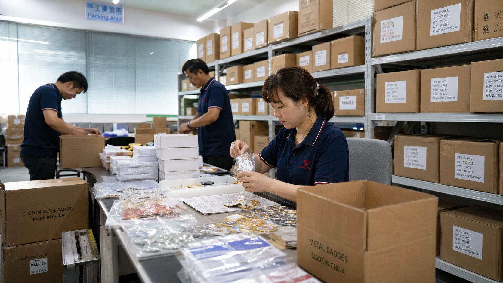 Factory packing area for metal badges and metal craft orders