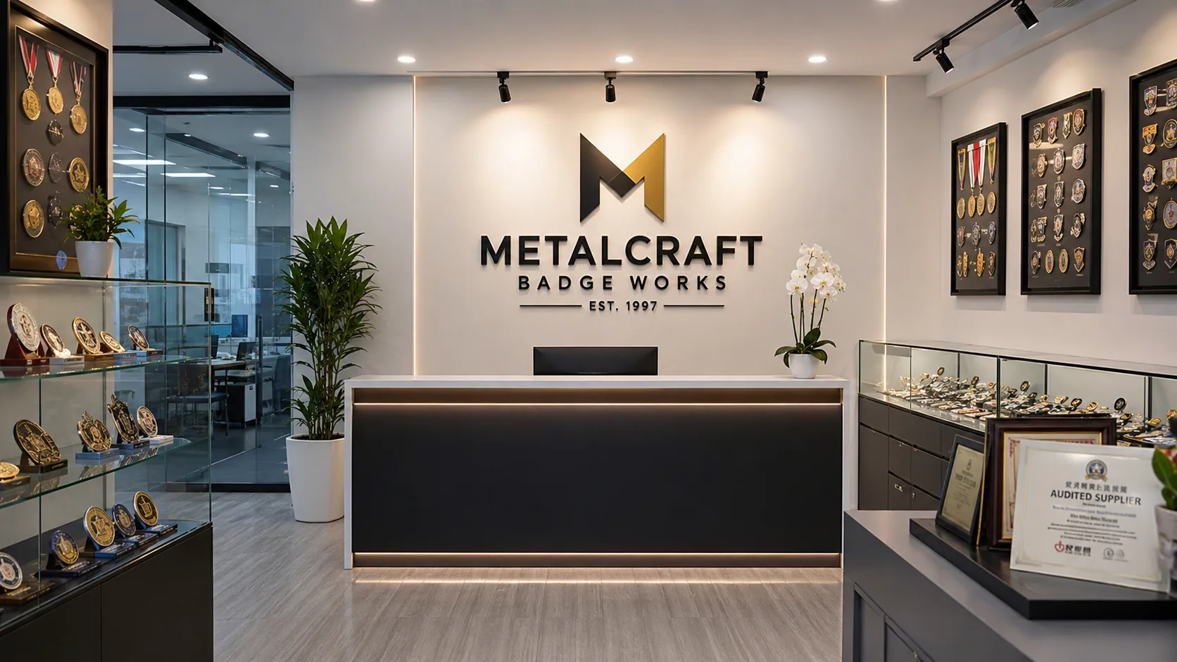 Metal craft showroom with medal displays, badge samples and reception area
