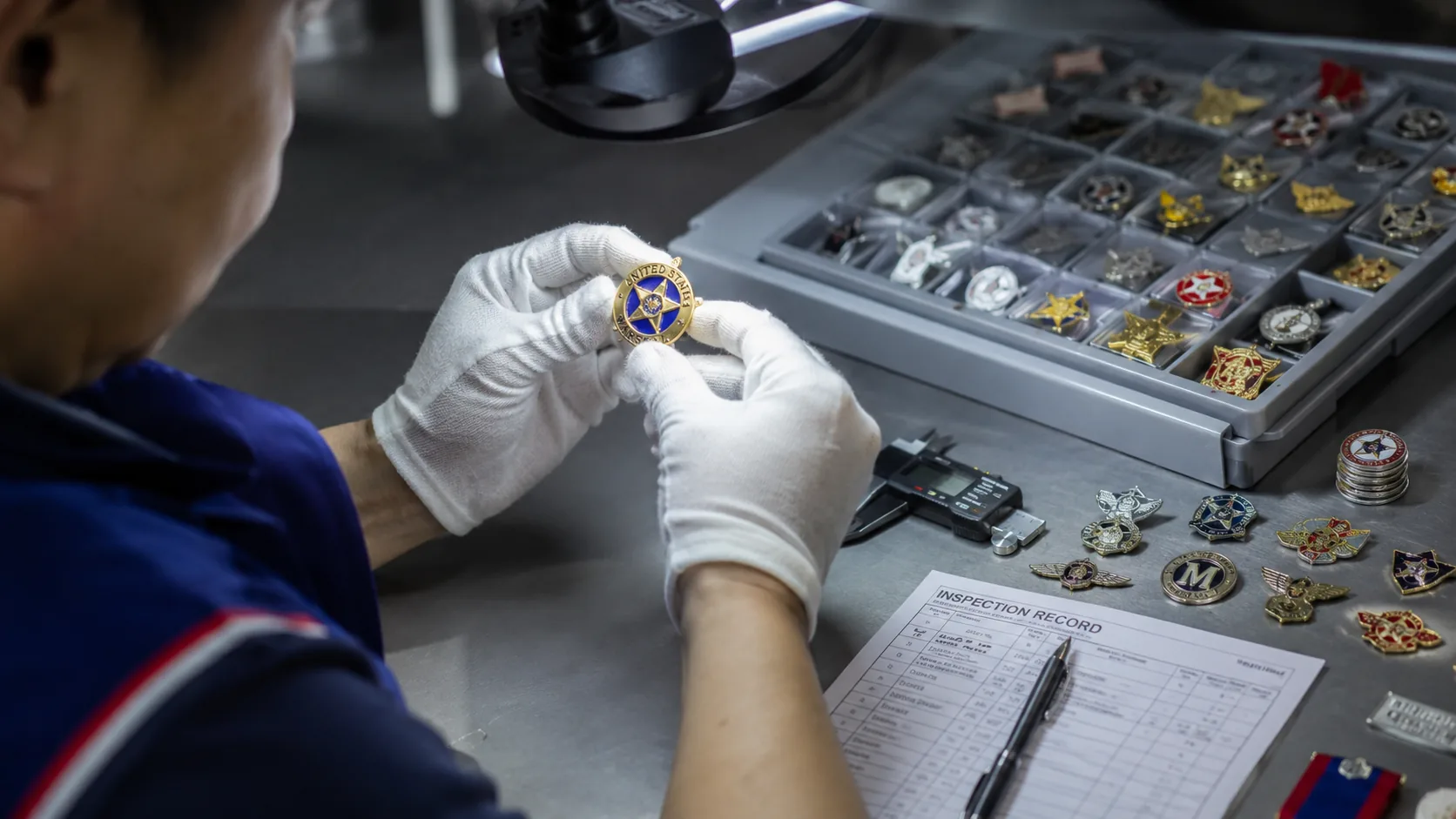Quality inspection of finished metal badges