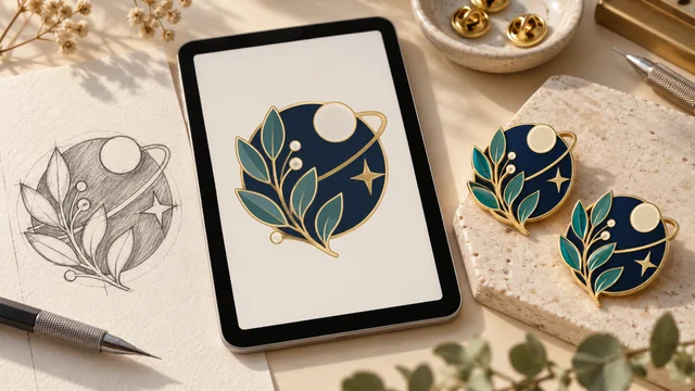 An enamel pin concept moves from a pencil sketch to simplified digital artwork and finished metal pins