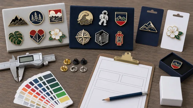 Enamel pin samples with caliper color swatches backings and packaging