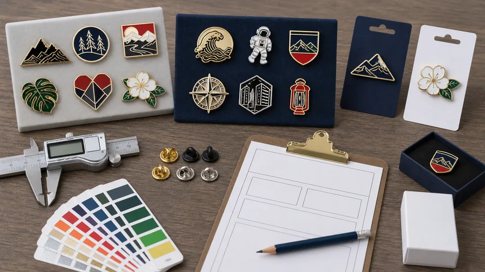 Custom enamel pin samples with caliper color swatches backings and packaging options