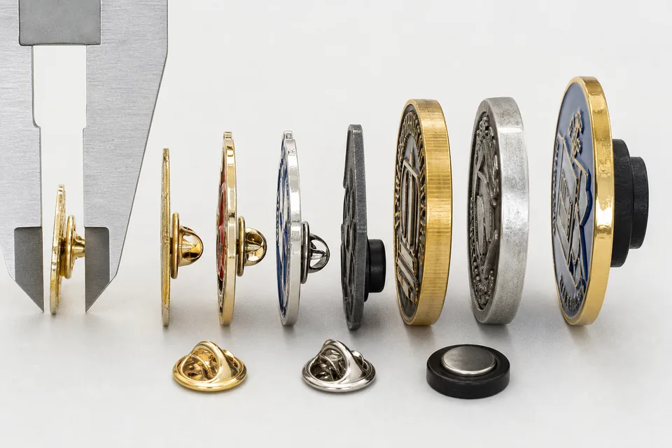 Side profiles of thin lapel pins and thicker metal badges with different back attachments