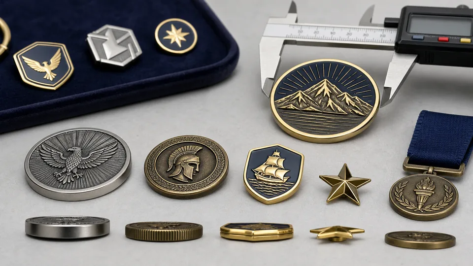 Custom metal badges in different sizes and thicknesses beside a digital caliper