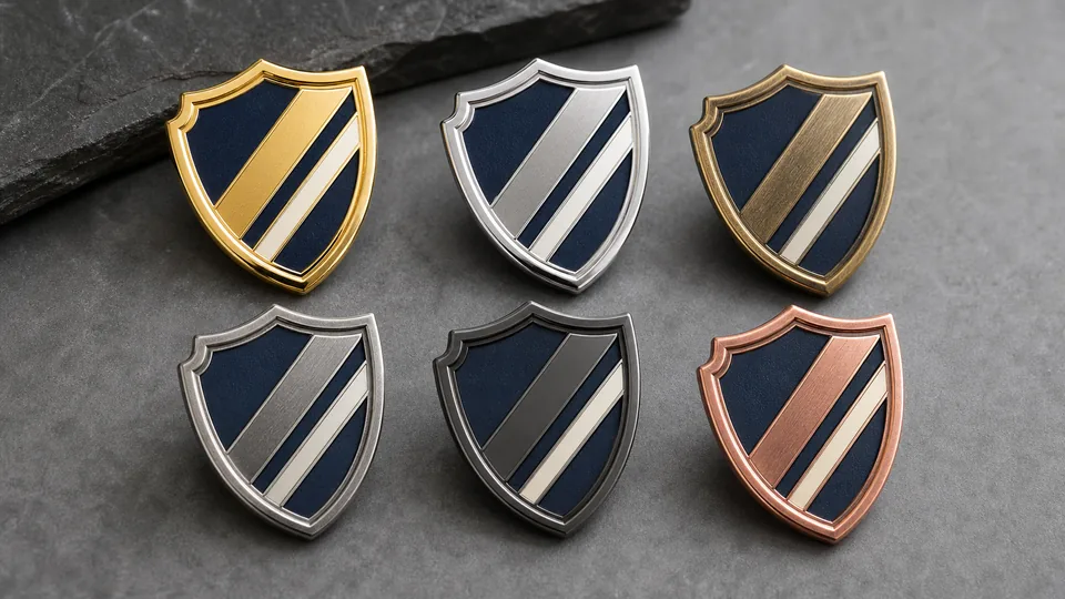 Matching shield badges in gold silver antique black nickel and copper finishes