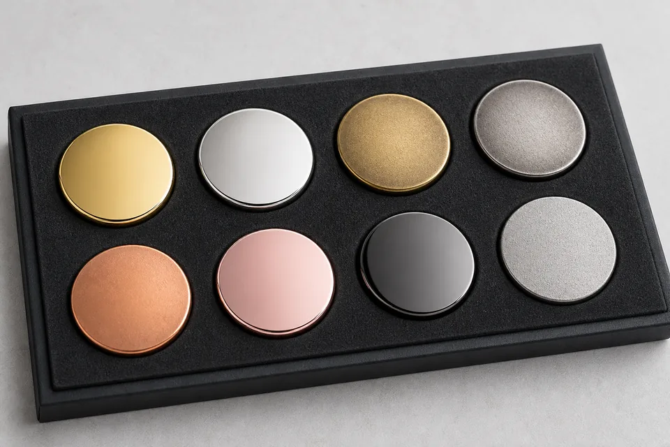 Metal plating sample discs in polished gold silver antique copper rose gold and black nickel