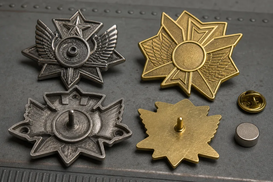Front and reverse construction of dimensional zinc alloy and solid brass badges