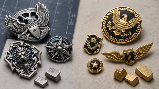 Dimensional zinc alloy badges compared with stamped brass badges